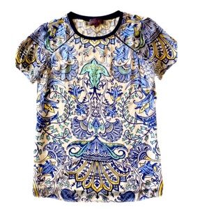 Hale Bob Blue Floral Patterned Short Sleeve Silk Blouse